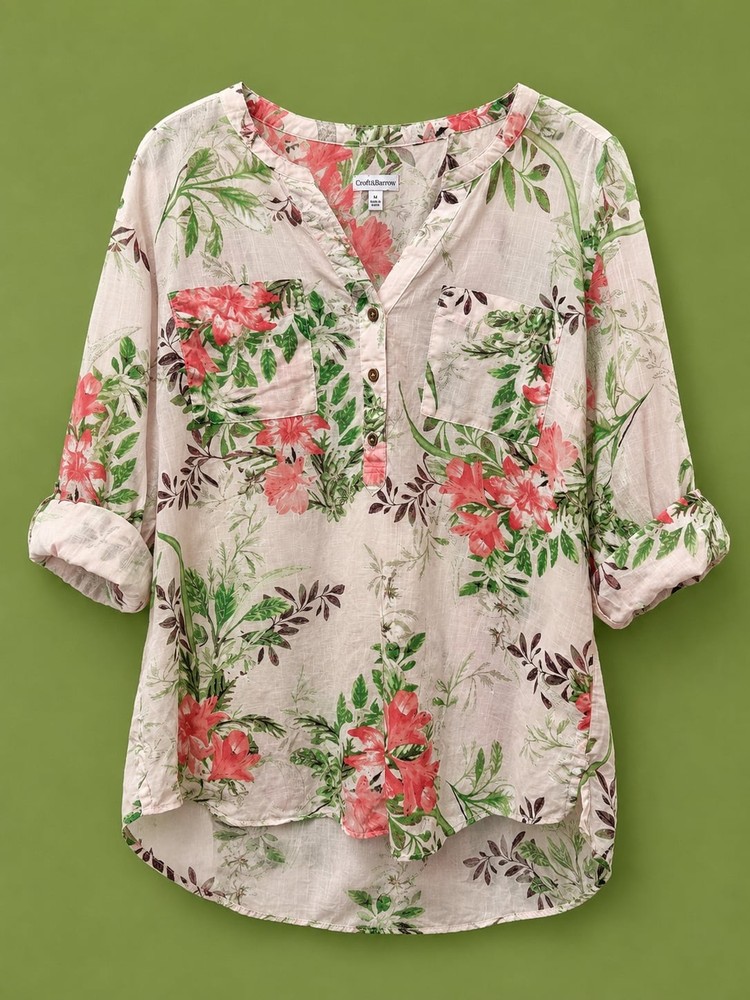 Croft & Barrow Women's Floral Print Roll-Tab Sleeve Blouse Size L