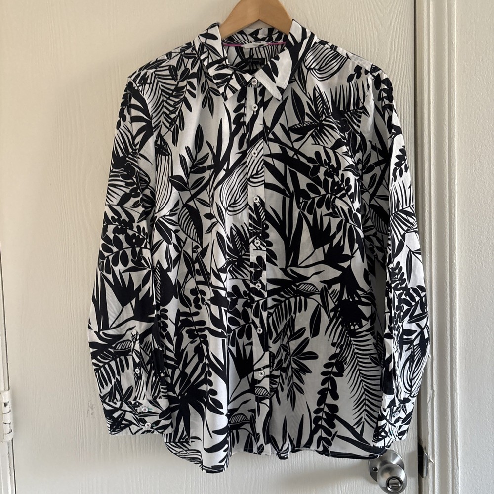 NWT Talbots Women’s Button-Up Shirt Sz XL | Black White Leaf Print | 100% Cotton