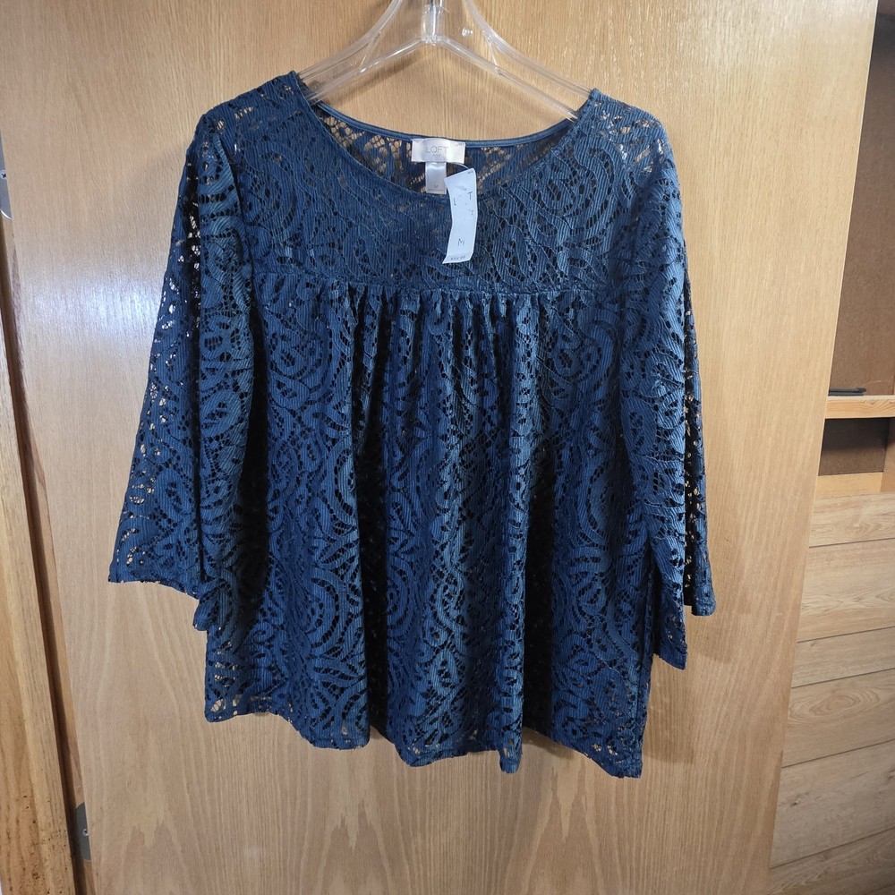 Loft Sheer Lace Navy Blue Bell Sleeve blouse top size Large