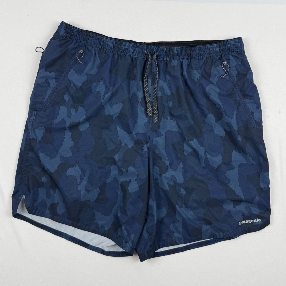 Patagonia Strider Pro Shorts Mens XL Blue Camo Trail Running 8 Inch Inseam