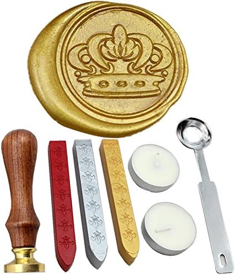 Crown Vintage Rosewood Wax Seal Stamp Set with Gold Red Silver Sticks