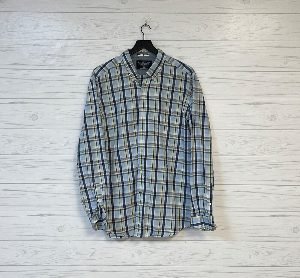 Nautica shirt mens size extra large button down long sleeve blue plaid patterned