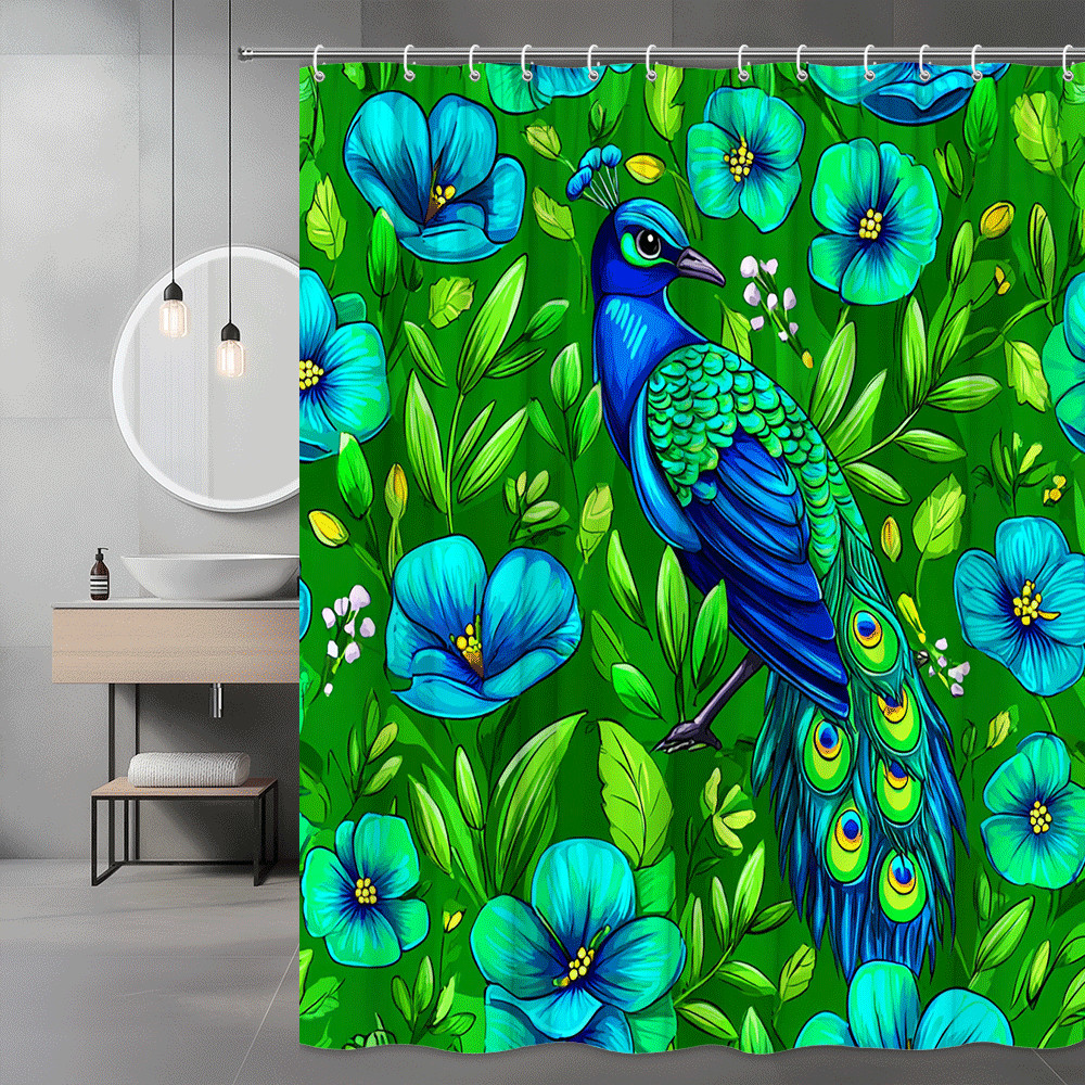 Peacock Floral Shower Curtain Blue Green Bird Print