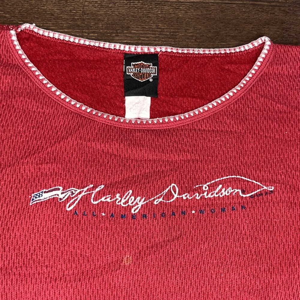 Harley Davidson Womens Longsleeved Vintage Red Waffle Knit Thermal Shirt Size L