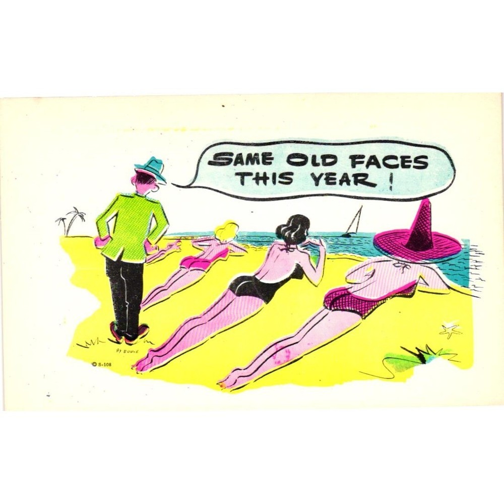 Vintage ClownOGram Comic Postcard Same Old Faces Beach Humor Eddie S108 Florida