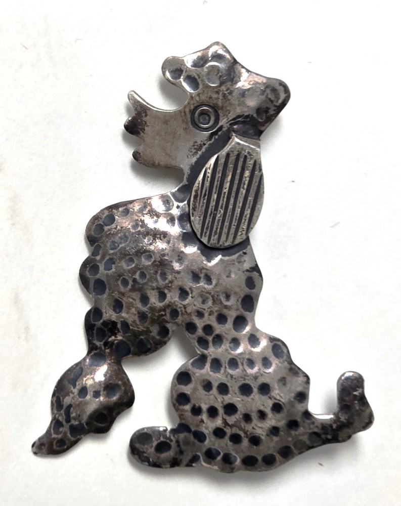 Taxco Mexico 925 Sterling Silver Seated Poodle Dog Brooch / Pin