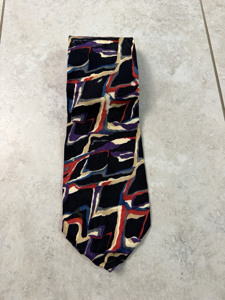 Chez Roffe New York Men’s Abstract Geometric Necktie Red Blue Purple Black Tie