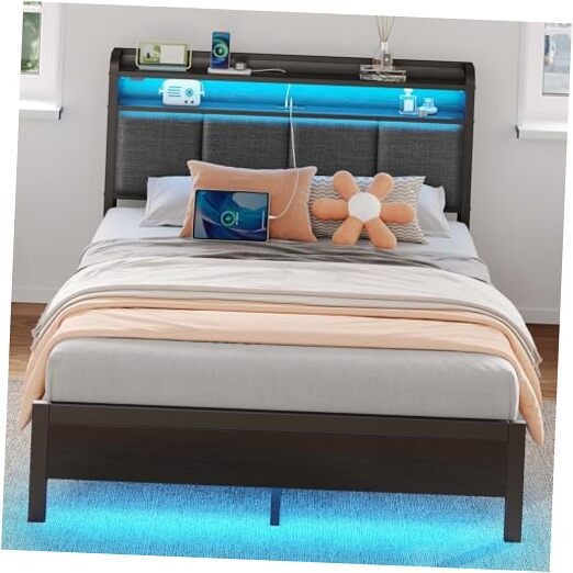 Bed Frame Size with Charging Station and LED Lights, Full Dark Grey No Drawer