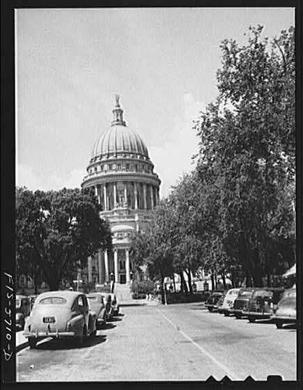 Photo:Madison Wisconsin State Capitol 1940s Cars Street View