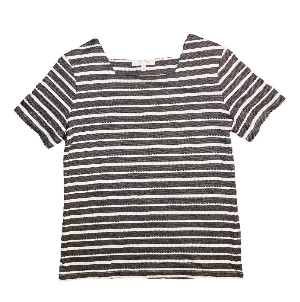Coral Bay Womens Small Square Neck Black White Striped Knit Top 3/4 Sleeve