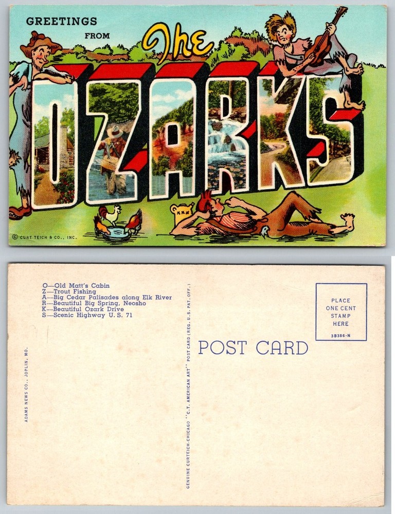 Vintage Greetings from The Ozarks Large Letter Linen Postcard Curt Teich 1943