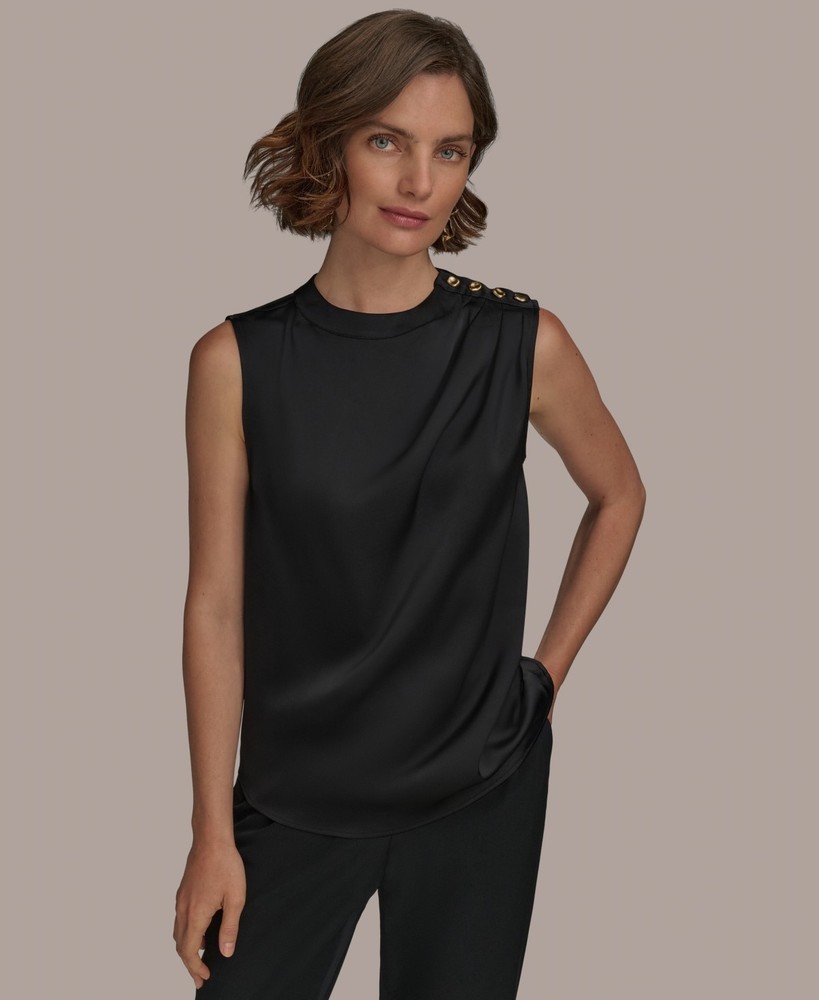 Donna Karan New York Women's Button-Trim Sleeveless Top Black Size L 0314