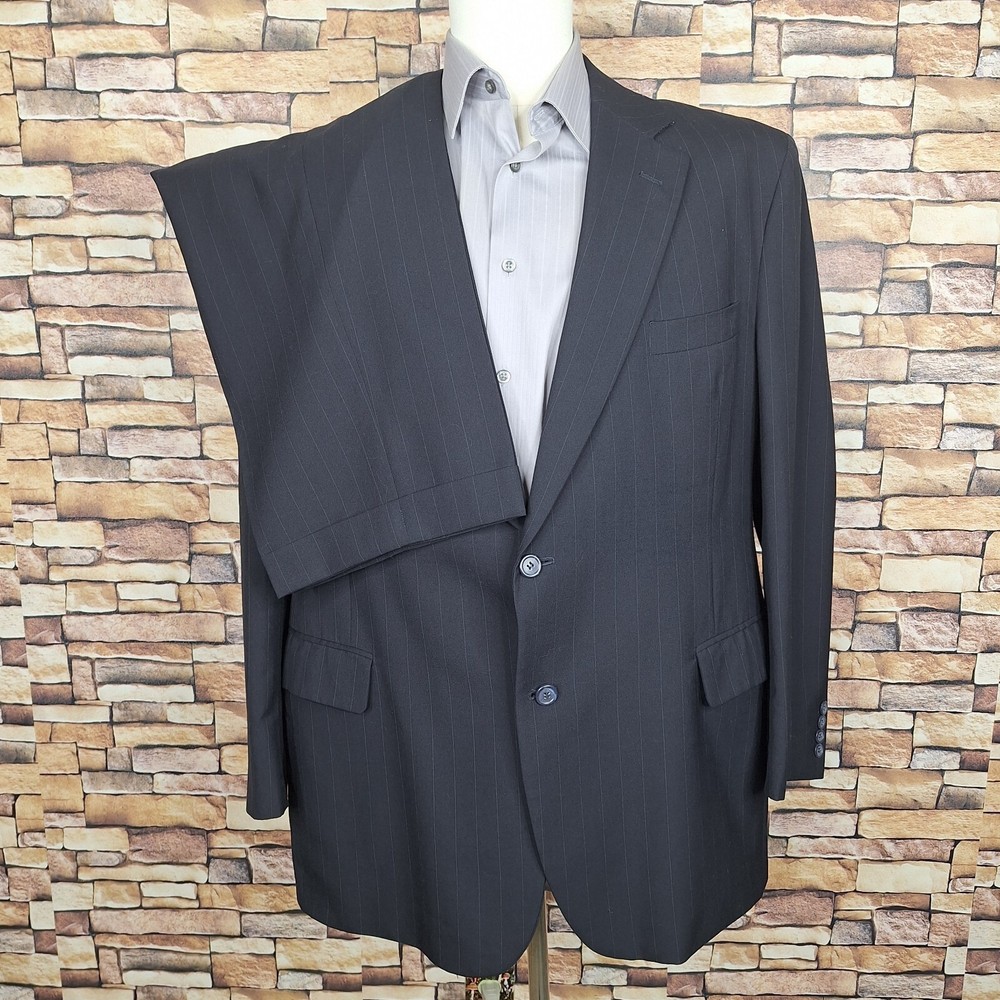 Joseph A Bank 2 Piece Suit Mens 48R 40X29 Black Stripe Wool Single Vented