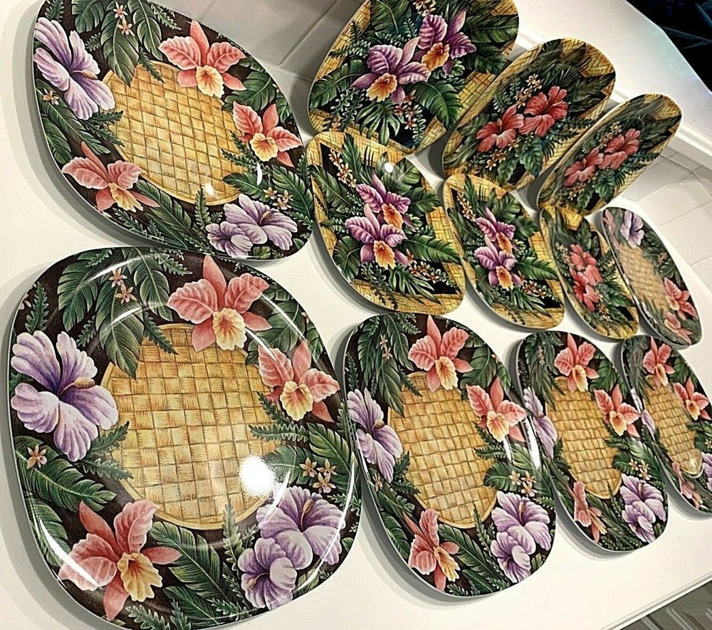 Helen Vladykina Melamine 6 Dinner & 6 Salad Plates Tropical Hibiscus & Orchid