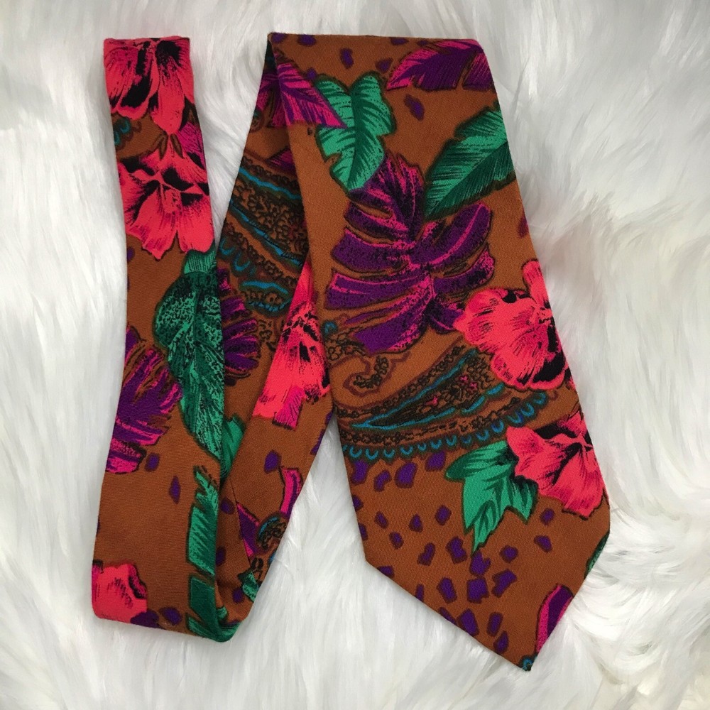 Vintage Liberty of London - Brown tie Bright tropical floral pattern