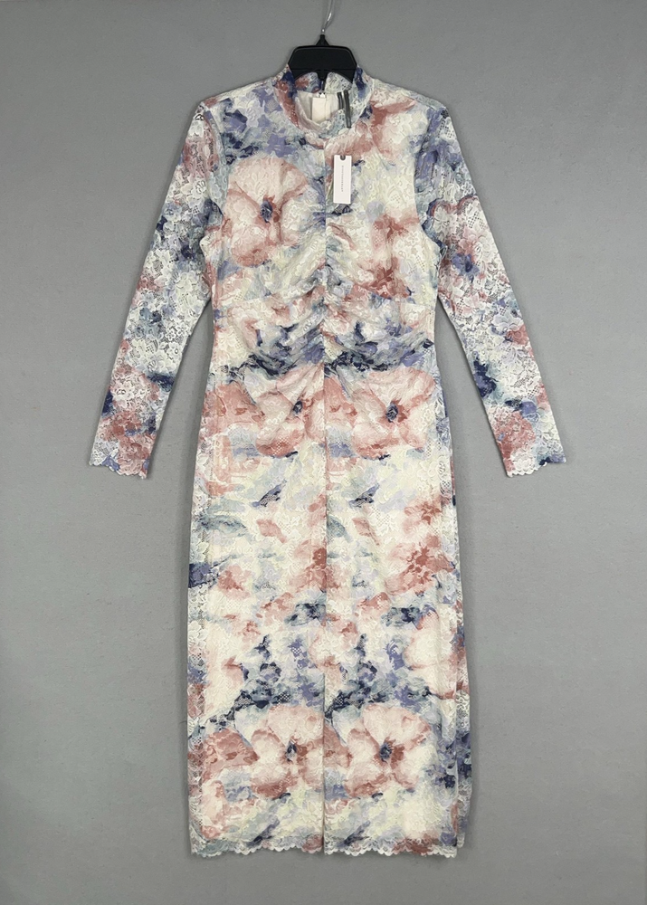 Anthropologie Dress Women Large White Pink Blue Floral Dulorie Lace Midi Romance