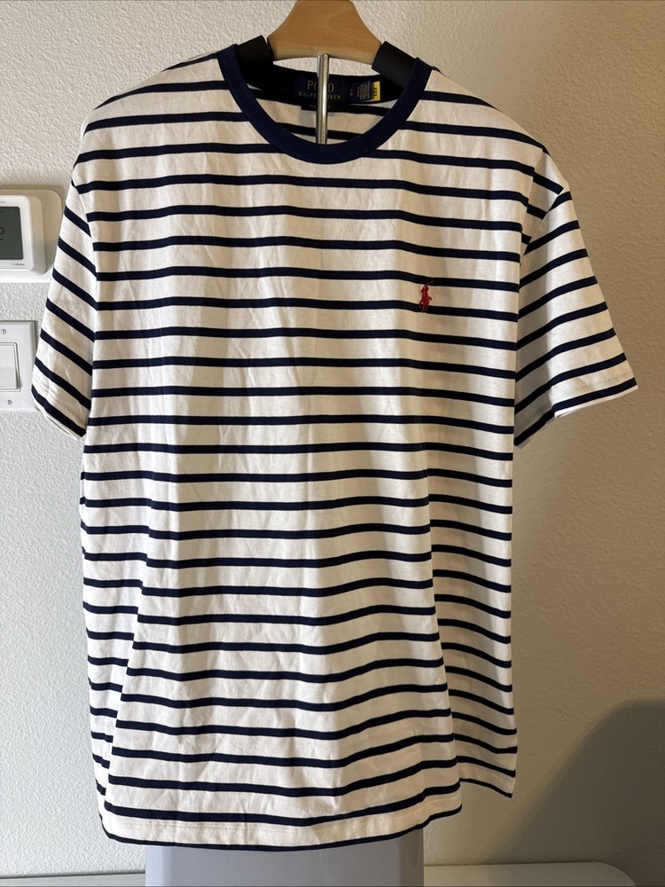 Ralph Lauren Polo Navy/White Striped T-Shirt Pony Logo Size Large