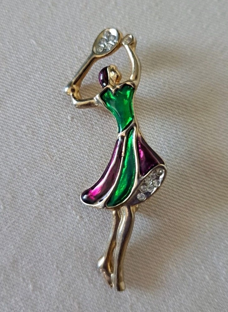 Tennis Player Brooch Vintage Enamel 2.25 Inch Painted Gold Tone