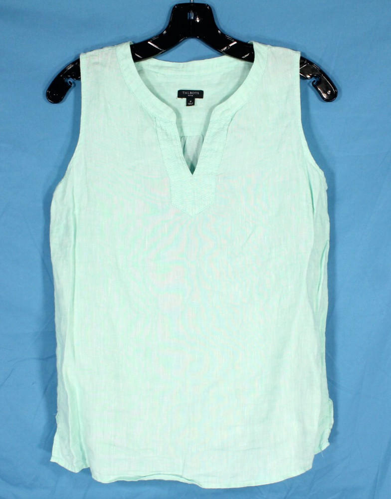 TALBOTS PETITE Lightweight LINEN Green SLEEVELESS V-Neck BLOUSE/TANK TOP Sz SP