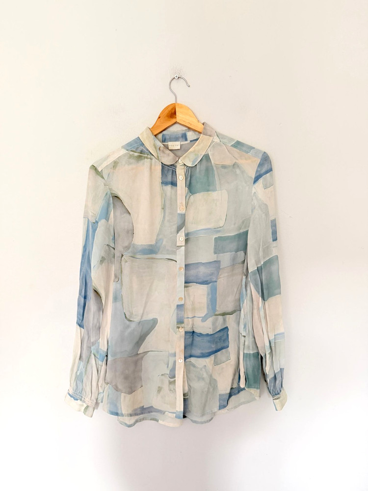 Poetry Blouse Size UK 12 Blue 100% Silk Long Sleeve Watercolour Print Top