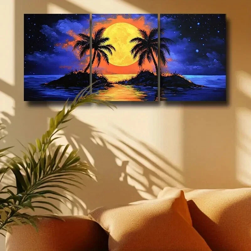 3pcs Vibrant Palm Tree and Ocean View Wall Art Canvas Framed 50x70cm