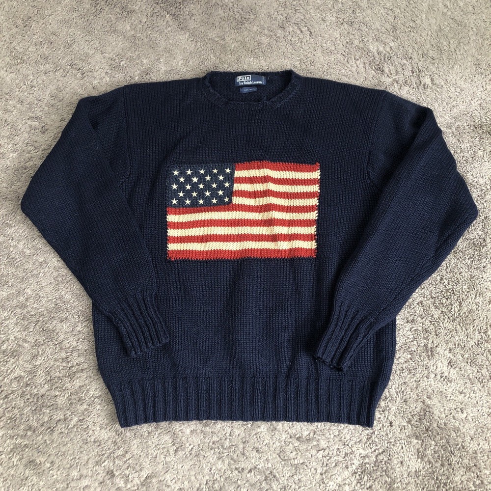 Vintage Polo Ralph Lauren Wool American Flag Crewneck Sweater Men’s Size XL Blue