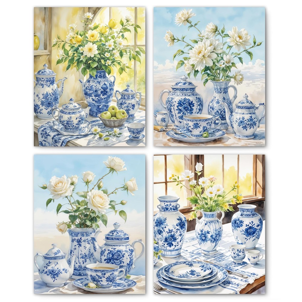 Blue White Chinoiserie Wall Art Set 4 Unframed Prints Grandmillennial Decor