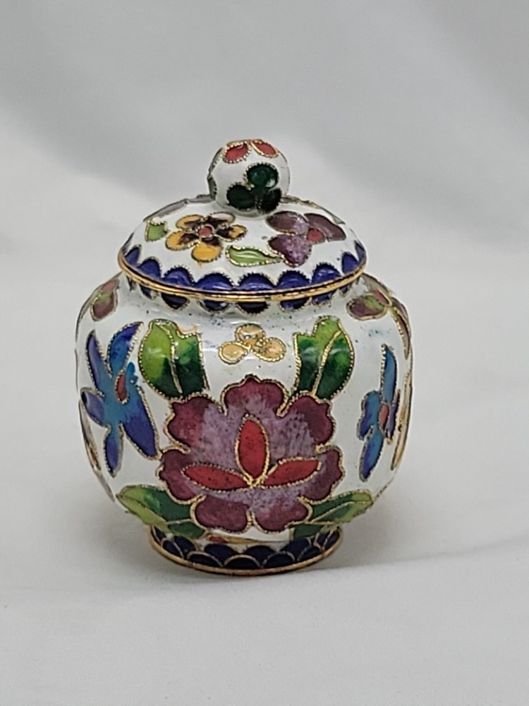 Vintage Floral Chinese Export Cloisonne Lidded Small Jar Container Flowers