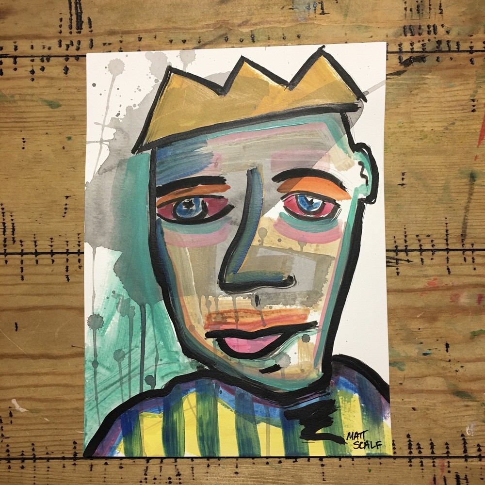 Matt Scalf 9x12 ORIGINAL PAINTING Face Abstract Portrait Street Graffiti Crown