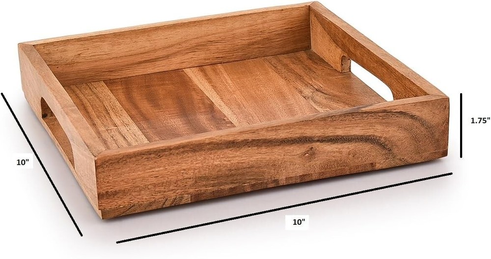 Acacia Wood Square Serving Tray with Handles for Coffee Snacks or Breakfast 10x10-image