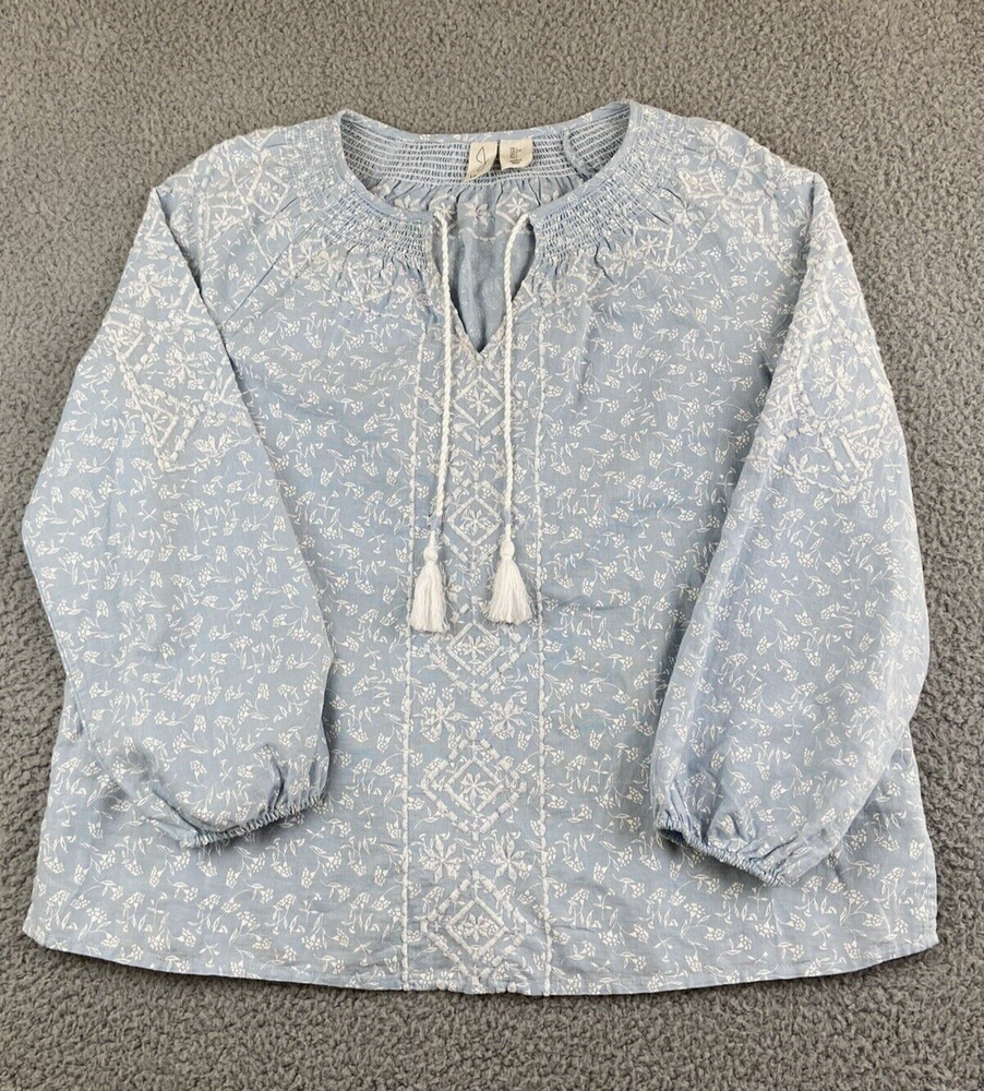 JOIE L Embroidered Floral Long Sleeve Bohemian Top Women's Blue Boho Size Large