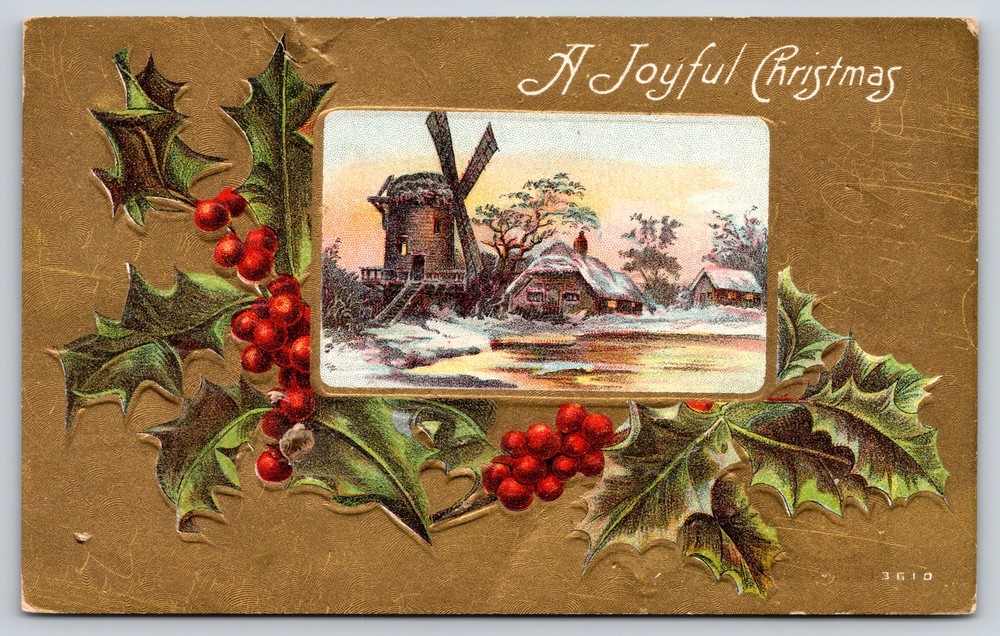 Christmas~Holly Windmill & Christmas Greeting~Vintage Postcard