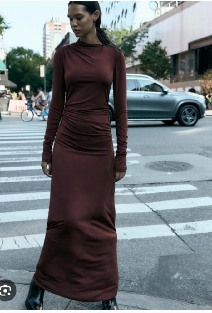 womens dreZARA Brown Maxi Dress XS | Ruched Bodycon Long Sleeve Elegant Minisses