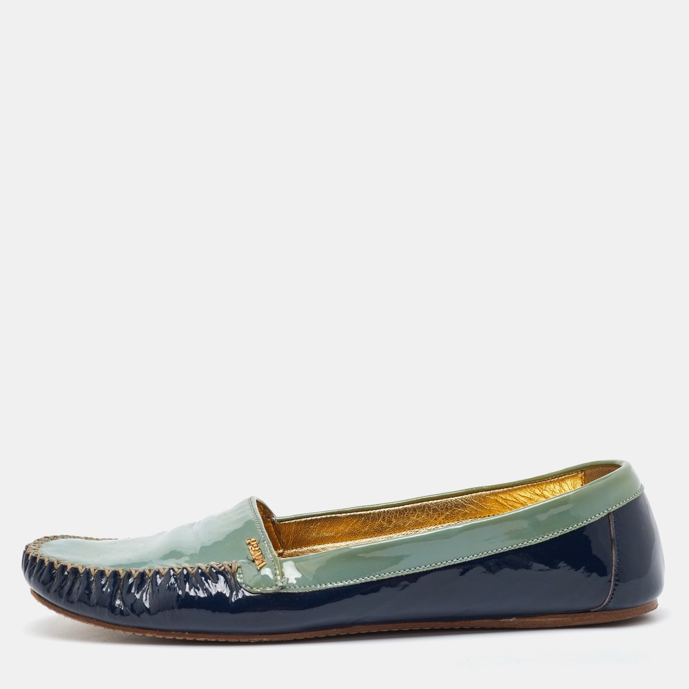 Prada Blue Patent Leather Two-Tone Slip-On Loafers Size 40
