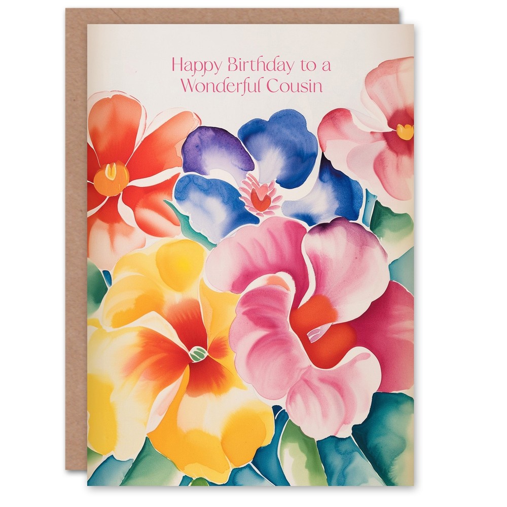 Cousin Happy Birthday Watercolour Flowers Spring Floral Pastel Greeting Card