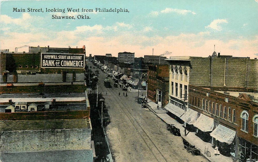 c1910 Shawnee Oklahoma Main Street Trolley autos aerial Postcard 26-3709