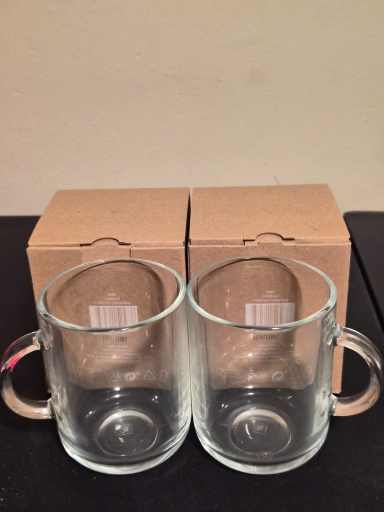 Set Of 2 Nespresso Vertuo Clear Glass Coffee Mug Cups 13 oz NIB