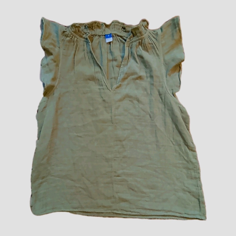 Old Navy Women's M Green Solid V-Neck Ruffle Sleeveless 100% Cotton Blouse