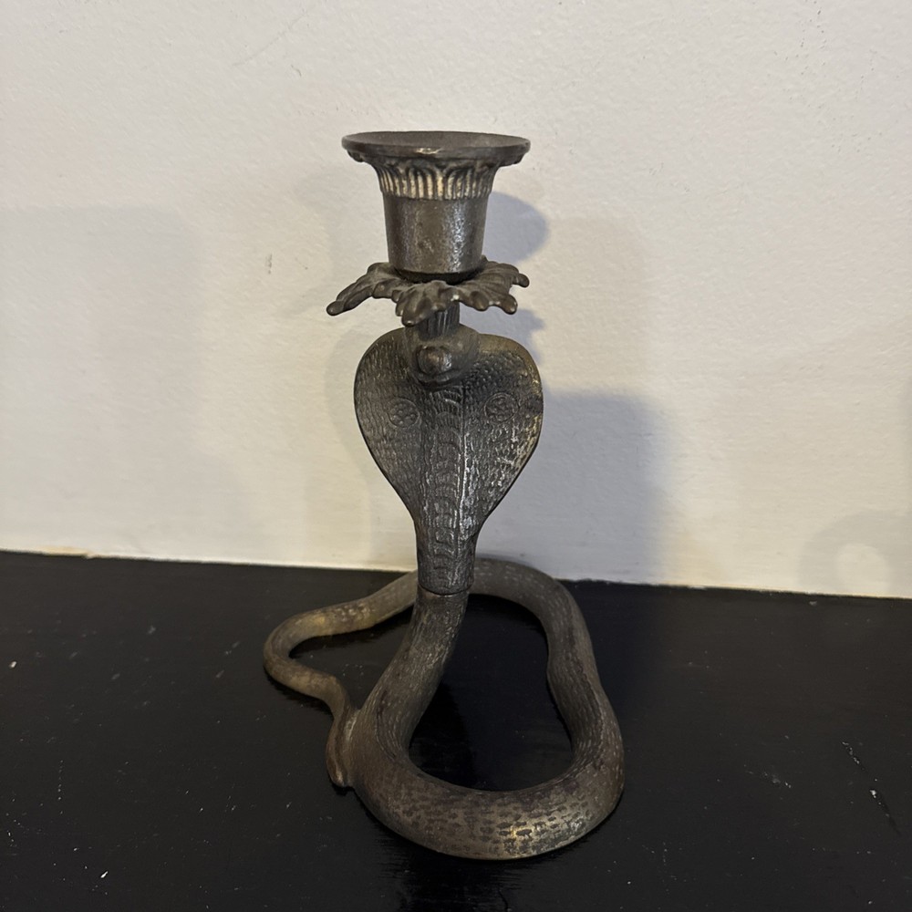 Brass Cobra Snake Candlestick Holder 6.5”Etched Design Vintage Unique Rare