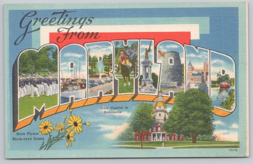 Maryland, Large Letter Greetings, State Capitol & Flower, Vintage Postcard
