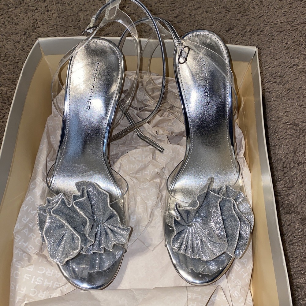 MARC FISHER Womens Silver Geavie Heeled Sandals 9.5M Transparent Quality AS-IS