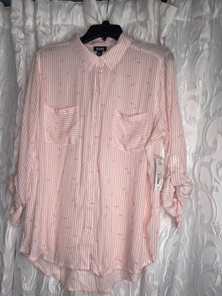 ana womens button down NWT pink/white stripe with eye glasses fabric, 2 pockets