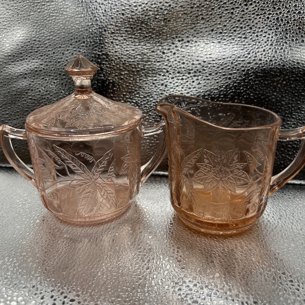 Jeannette Cherry Blossom Creamer And Sugar Bowl With Lid