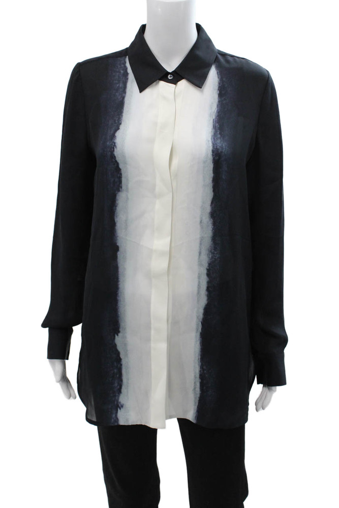 Vince Womens Silk Tunic Blouse Black Collared Button Long Sleeve Size 10Free Shipping in US $100+ Orders | $6.95 Orders Below