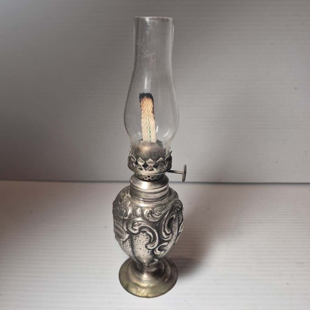 Genuine Pewter Restoration Hardware Oil Lamp & Glass Chimney