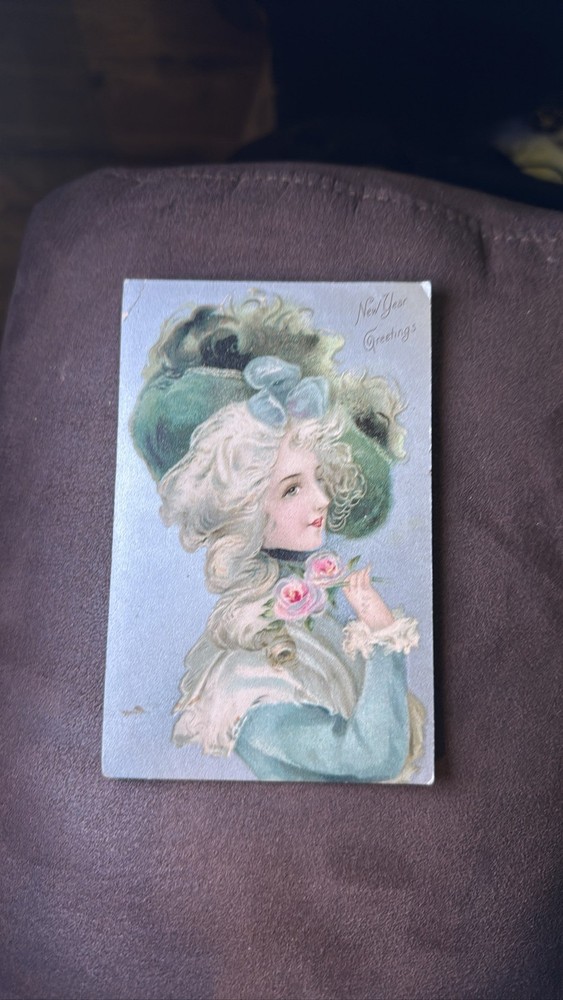 Victorian Lady New Year Greetings Postcard Floral Green Hat
