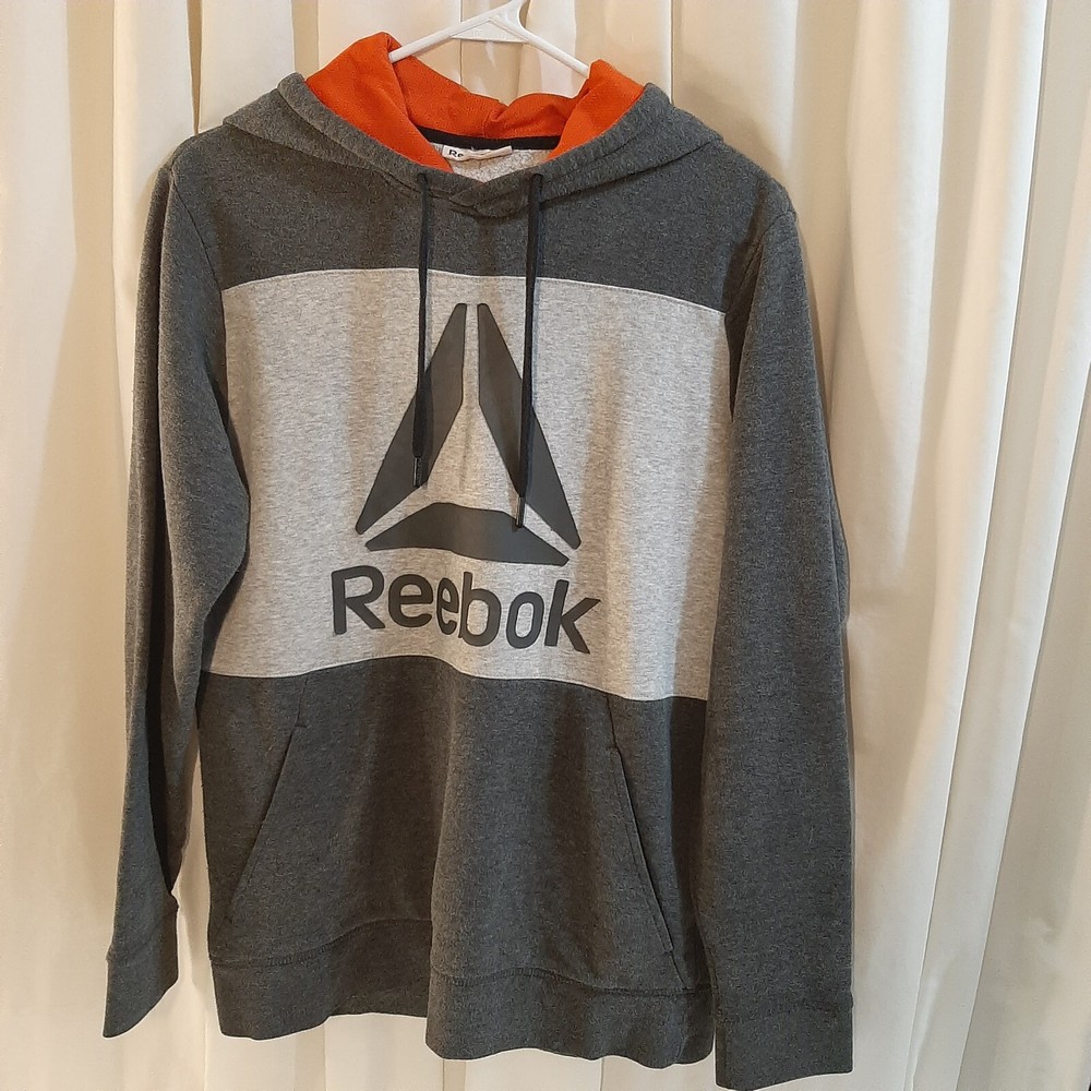 Reebok Men's Gray Orange Regular Fit Drawstring Pullover Hoodie Size Small