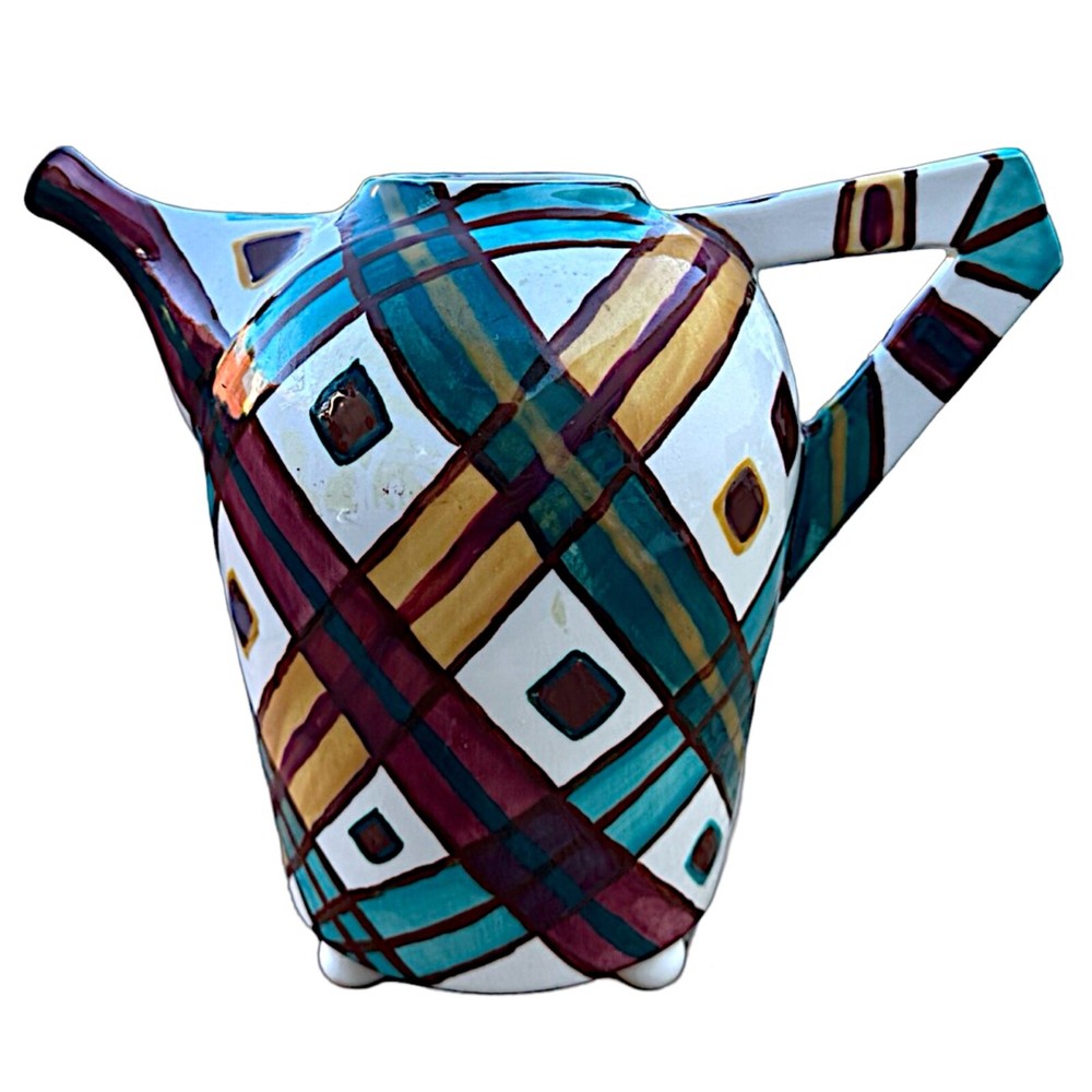 Vintage Handmade Ceramic Pitcher 8” Hand Painted Multicolor Abstract Art Deco