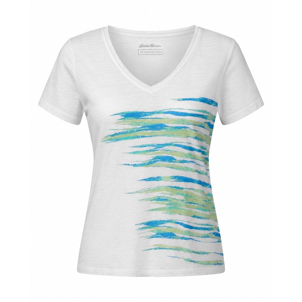 Eddie Bauer Women Large White V-Neck Graphic Tee Blue Green Abstract Slub Tee-image