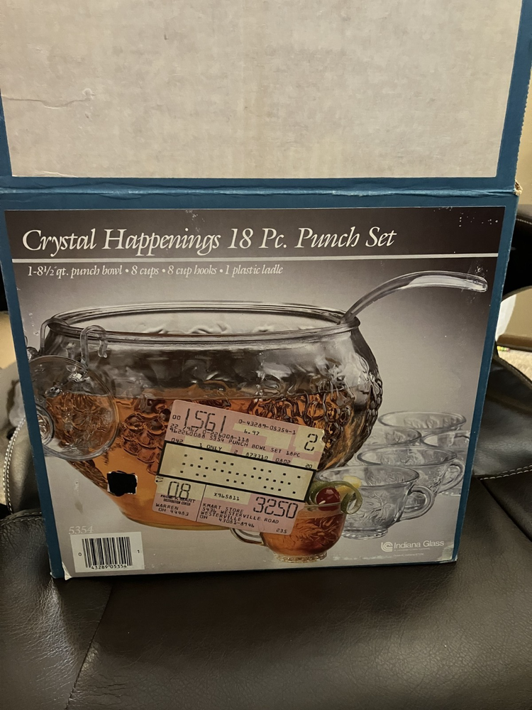 Indiana Glass Crystal Happenings 6 Piece Punch Bowl Set In Original Box